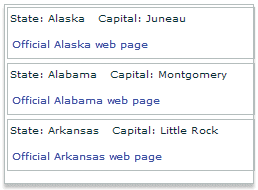 Custom item renderer to display the state name, capital, and a URL to the state\xd5 s official website